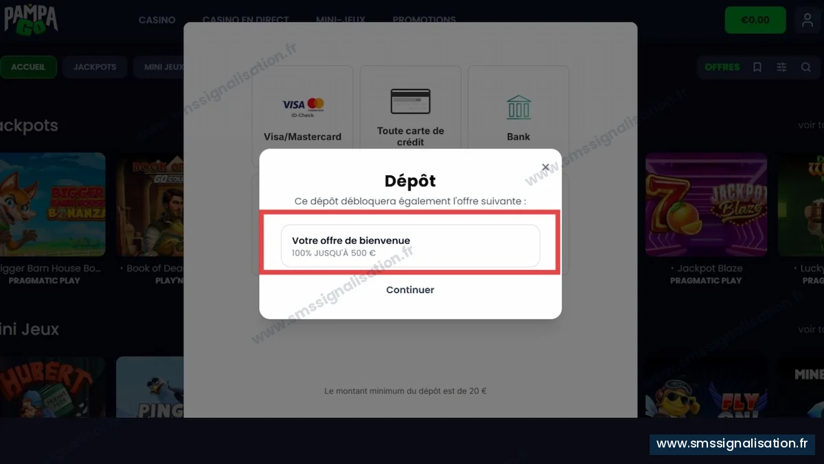 Fenêtre de dépôt de PampaGo affichant l'offre de bienvenue de 100 % jusqu'à 500 €